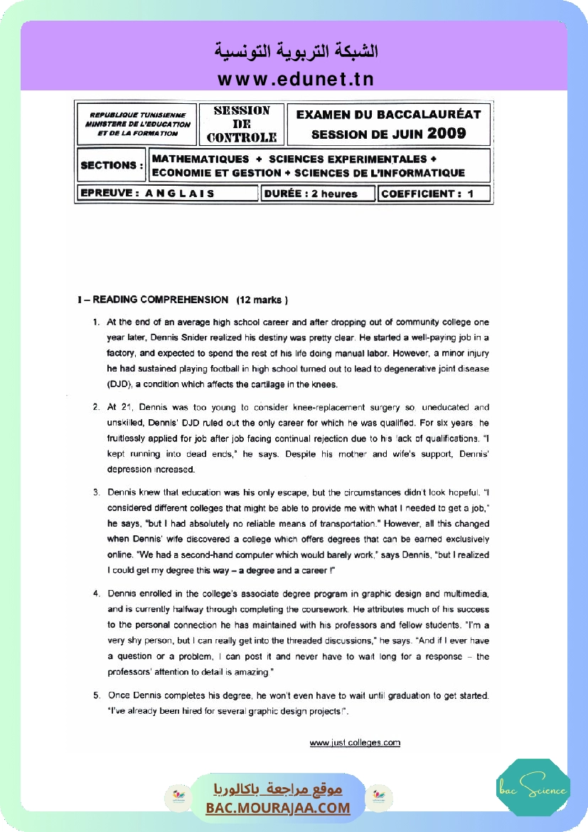 Sujet controle anglais Bac 2009 – Section science
